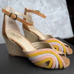 Seychelles Rainbow Wave Suede Espadrille Wedge Sandals Tan Multi Womens 8